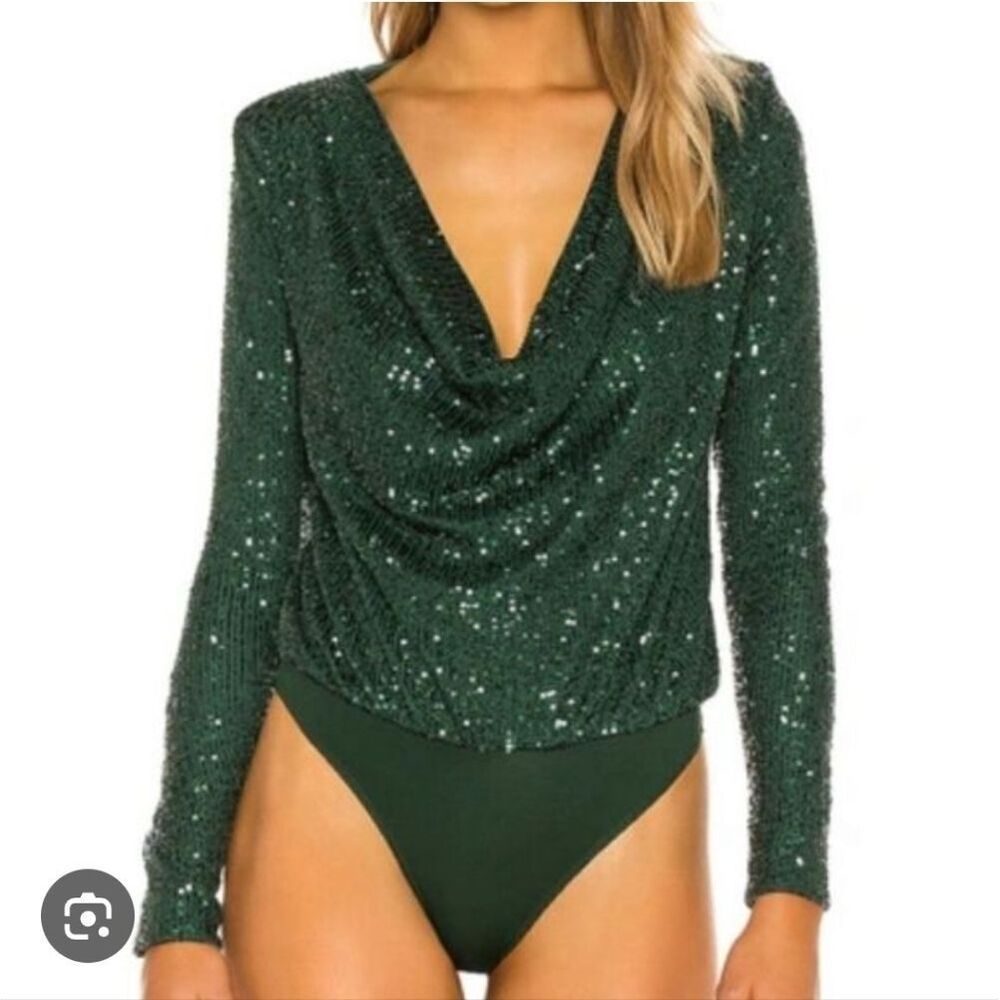 Nwt A Loves A Stretchy Green Sequin Long Sleeve Shawl Neck Bodysuit Size Xs